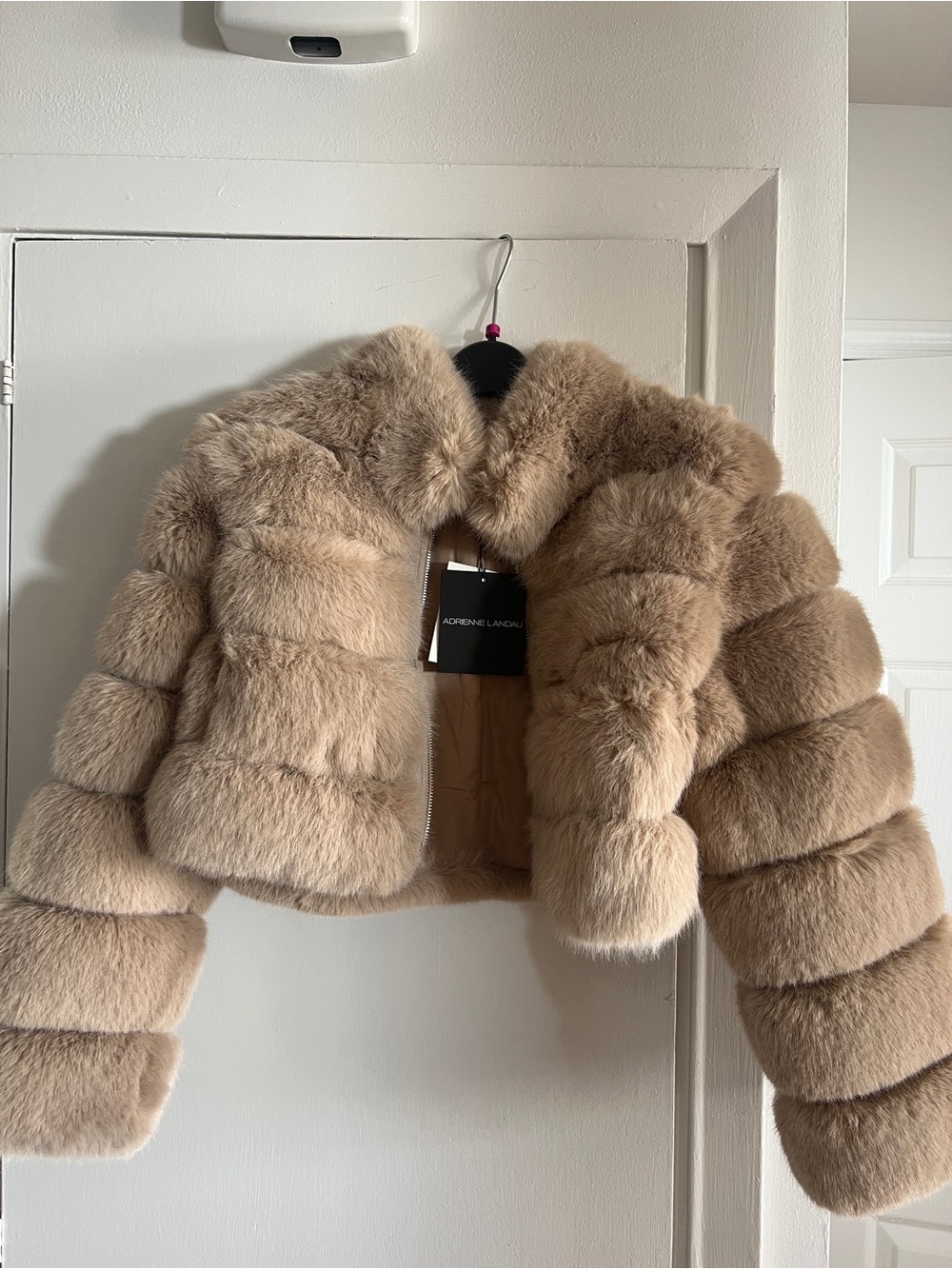 Adrienne Landau Beige Faux Fur Cropped Teddy Jacket